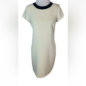 Lauren Ralph Lauren Short Sleeve ivory dress -Black Faux Leather Neckline-Sz 2